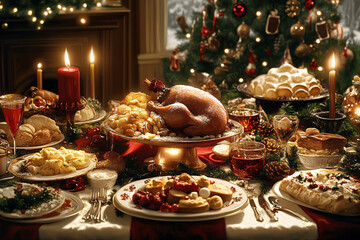 Fototapeta premium Heartwarming Illustration of a Christmas Dinner Table Filled with Holiday Feast and Family Joy