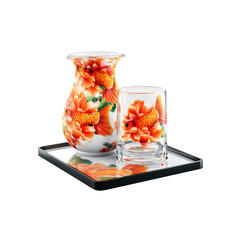 Elegant Pitcher and Glass Set with Koi Fish and Peony Design on a Black Tray