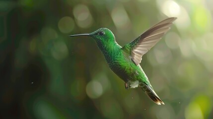 Stunning image of a brightly colored hummingbird mid-flight, with vibrant green foliage in the background, emphasizing the elegance and agility of the small bird.