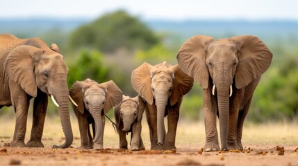 Fototapeta premium A family of elephants walking together in a line across the savanna, symbolizing unity, strength, and family bonds in the wild African landscape.