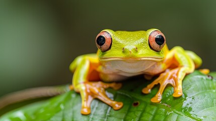 Naklejka premium A close-up of a colorful red-eyed tree frog perched on a branch, surrounded by the vibrant greenery of its tropical rainforest habitat.