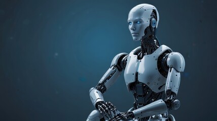 Fototapeta premium A futuristic humanoid robot with a sleek metallic finish and glowing blue eyes, showcasing advanced technology and artificial intelligence in a modern design