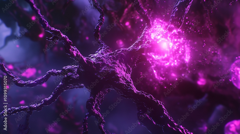 Poster a close-up abstract image of a neuron with glowing pink light and a dark background.