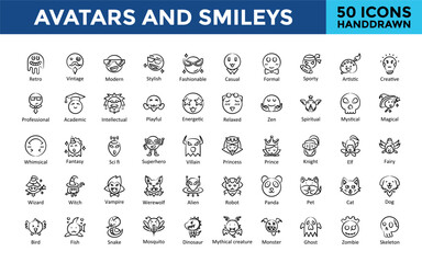 Avatars and smileys icon set with retro, vintage, modern, stylish, fashionable, casual, formal, sporty, artistic, creative icon. Simple handdrawn vector 
