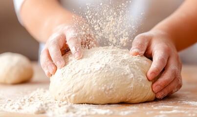 Hands kneading a fresh dough ball on a floured surface, capturing the process of traditional bread making with a close-up view of flour-covered hands.