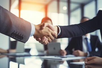 Business people shake hands.