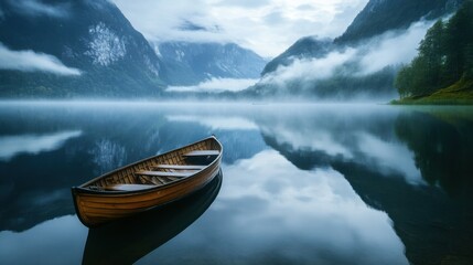 A serene shot of a fog-covered lake surrounded by misty stock