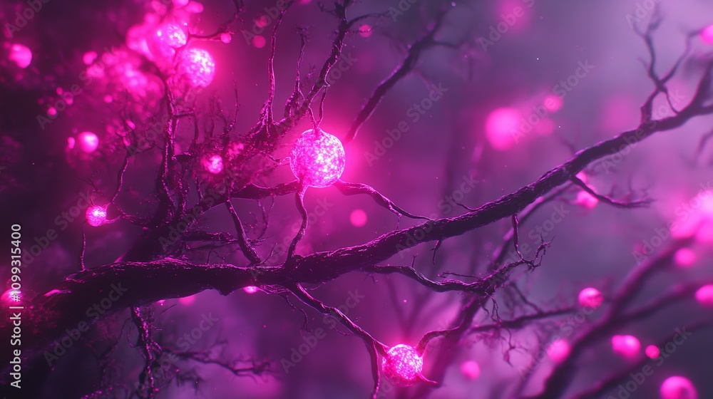 Poster a close-up abstract image of a neuron with glowing pink light and a dark background.