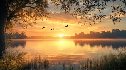 Three-panel canvas art set of a tranquil lake at sunset, golden light shimmering on the water, silhouettes of trees and birds, soft warm glow on the horizon, photorealistic textures,
