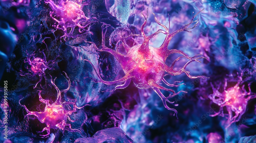 Poster a close-up abstract image of a neuron with glowing pink light and a dark background.