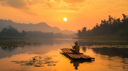 Serene sunset view of a fisherman on a bamboo raft in a calm river, surrounded by lush vegetation and misty mountains.