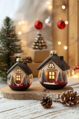 Two shimmering ornaments rest on a festive table, reflecting the warm glow of twinkling lights, embodying the spirit of a joyful Christmas celebration.