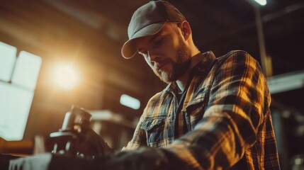 Industrial Worker Repairing Machine Parts in Soft Light