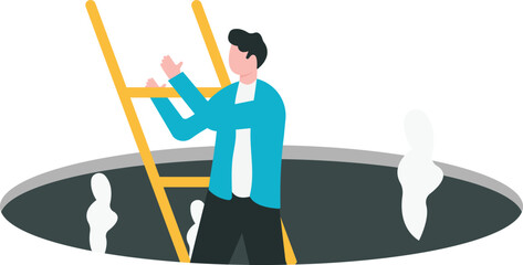Gaining new knowledge from solving problem, learning from career mistake to improve skills and achieve better result next time concept, Businessman climbing out of hole and holding idea light bulb.

