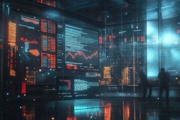 Fototapeta premium Futuristic Bitcoin trading floor during bull market, multiple floating screens showing explosive growth, celebrating traders as silhouettes.