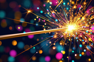 Fototapeta premium Sparkler igniting with vibrant, colorful bokeh background