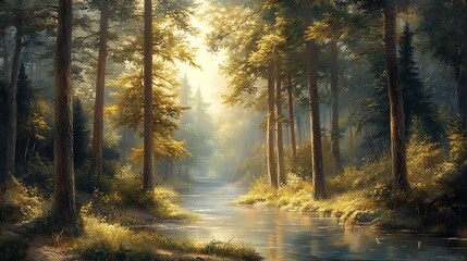 Obraz premium Three-panel forest artwork, tall pines with sunlight casting dappled light, a flowing river meandering through the trees, detailed foliage and soft shadows, high-definition textures,