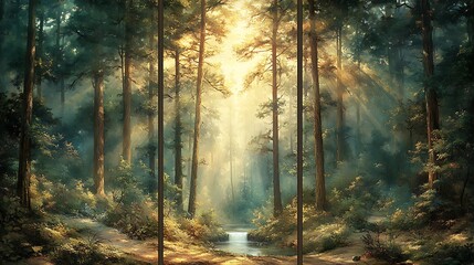 Obraz premium Three-panel forest artwork, tall pines with sunlight casting dappled light, a flowing river meandering through the trees, detailed foliage and soft shadows, high-definition textures,