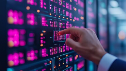 Futuristic Tech Interface Hand Interacting with Neon Display