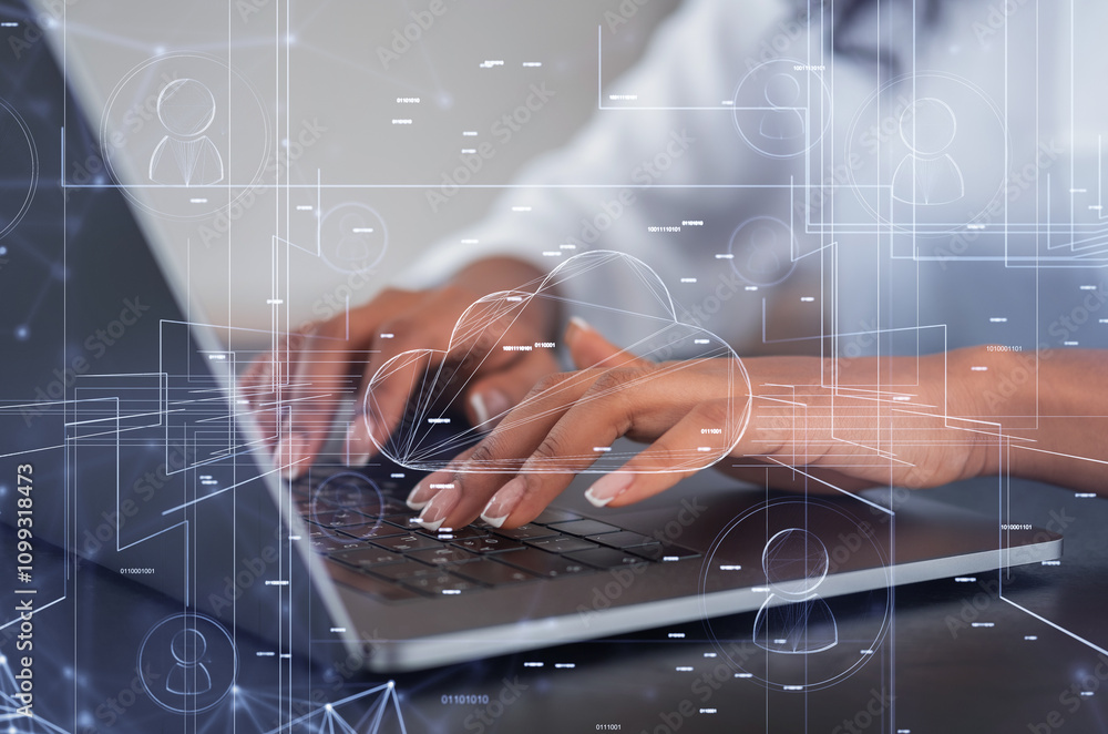 Poster close-up of hands typing on a laptop keyboard with digital cloud and network overlays.