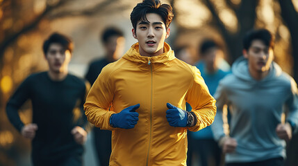 Fototapeta premium cinematic shot of young man in yellow windbreaker and blue gloves running with group