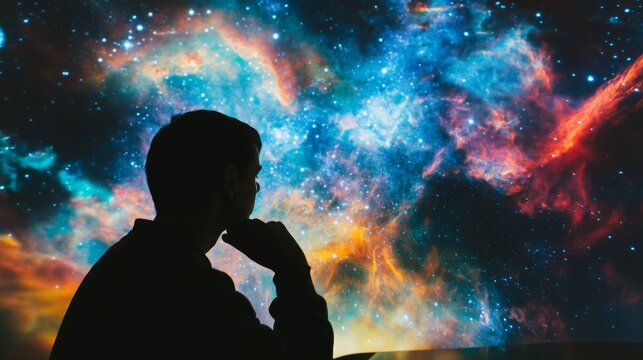 A scientist studying a holographic model of the Milky Way galaxy, with colorful nebulae and stars in the background, Galactic research style