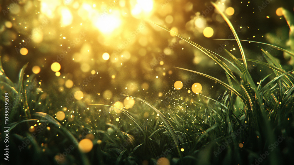 Poster a close-up of lush green grass illuminated by sunlight, with sparkling bokeh effects creating a magi