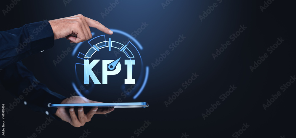 Poster businessman pointing at kpi dashboard over tablet, highlighting performance metrics in a digital int