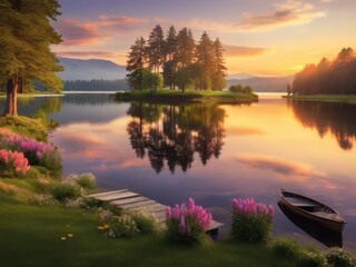 Lake with flowers and sunset in the background
