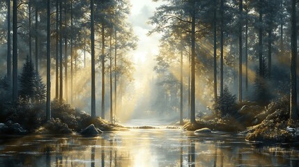 Triptych artwork of a peaceful forest, tall pine trees with sunlight filtering softly through leaves, a calm river flowing, dappled light creating a serene glow, photorealistic quality,
