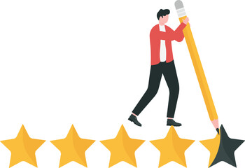 Aspiration and motivation for self-development, skill enhancement to boost productivity, expectation to be qualified employee, Businessman running on 5-star rating loading panel.

