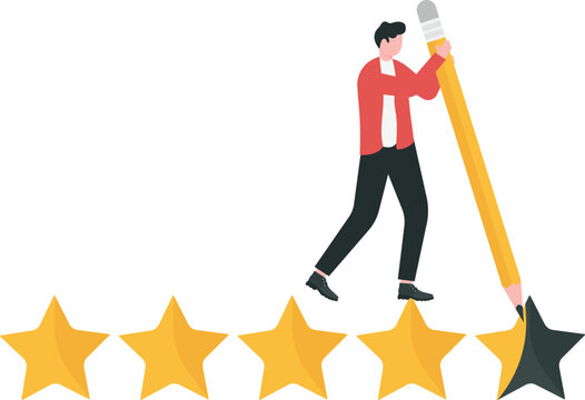Aspiration and motivation for self-development, skill enhancement to boost productivity, expectation to be qualified employee, Businessman running on 5-star rating loading panel.

