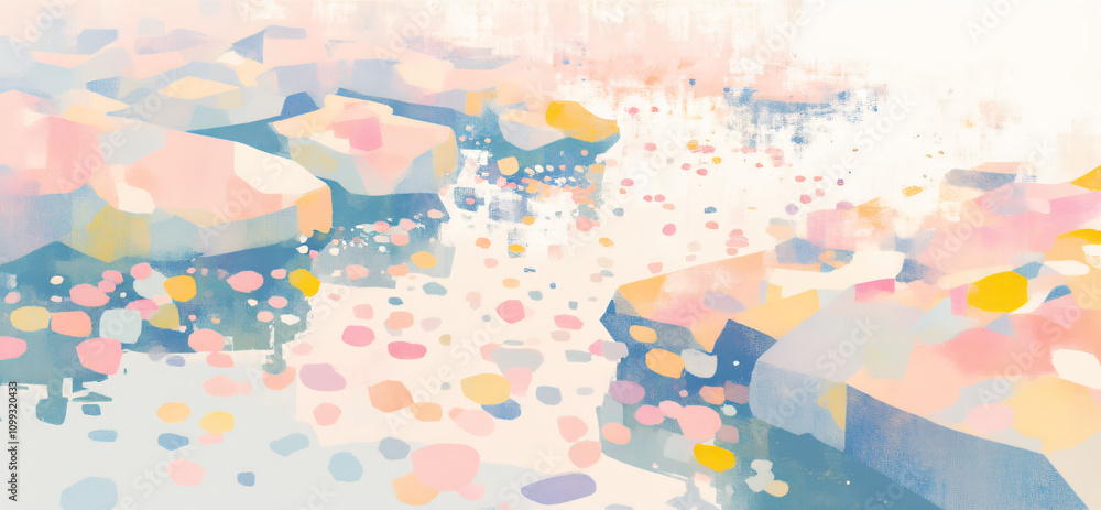 Poster a soft and pastel-colored abstract design featuring floating shapes and reflections on water, creati
