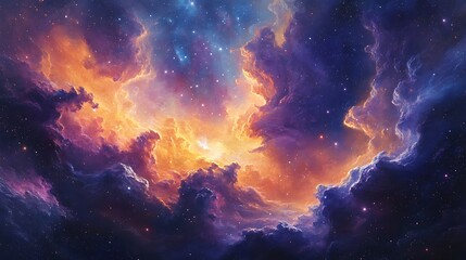 Fototapeta premium Triptych of a cosmic dreamscape, abstract galaxy with vivid colors, star clusters, and nebula clouds, glowing light rays, deep blues and purples, detailed stars and cosmic dust,