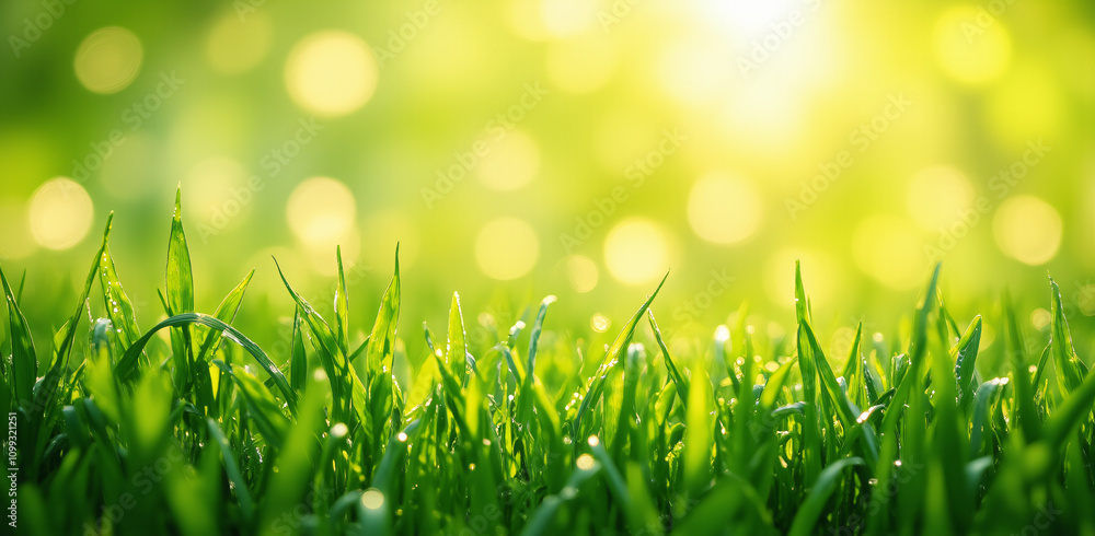 Poster a close-up view of vibrant green grass illuminated by sunlight, with soft bokeh effects creating a m