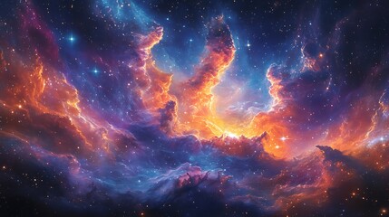 Fototapeta premium Triptych of a cosmic dreamscape, abstract galaxy with vivid colors, star clusters, and nebula clouds, glowing light rays, deep blues and purples, detailed stars and cosmic dust,
