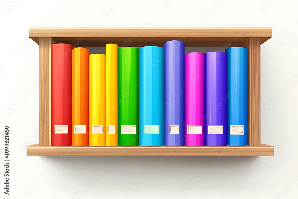 Poster a colorful bookshelf displaying neatly arranged books in various shades.