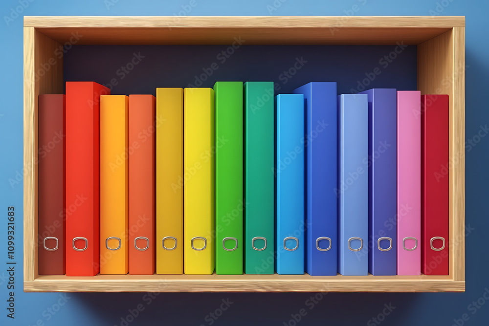 Poster a colorful row of binder files arranged neatly on a wooden shelf against a blue background.