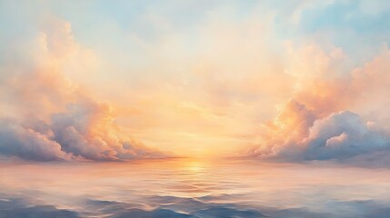 Fototapeta premium Triptych of a pastel sunrise, soft blending of coral, peach, and pale yellow tones, subtle cloud layers with delicate details, dreamy light reflections on sky, tranquil early morning light,