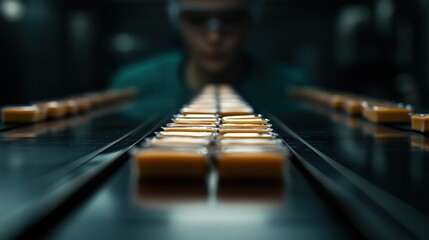 Worker in a laboratory setting closely examines rows of small yellow blocks on a conveyor belt during a production process in a industrial facility.