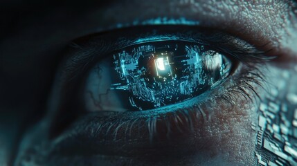 Naklejka premium Detailed view of an AI-inspired human eye with digital circuits and a soft blue glow, capturing the fusion of human and artificial intelligence in a futuristic style.