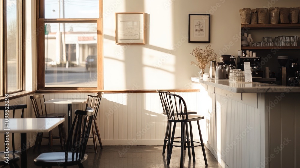 Poster sunlight streams through the window of a minimalist cafe, illuminating the white walls and marble co