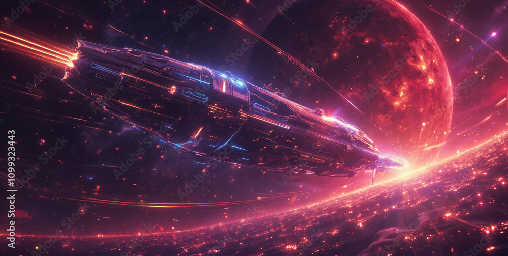 Poster a futuristic spaceship navigating through a colorful cosmic scene filled with stars and nebulae, cre
