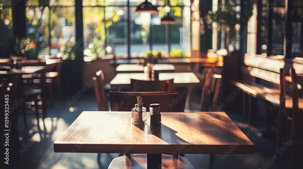 Poster empty wooden table in a cafe with sunlight shining through windows.