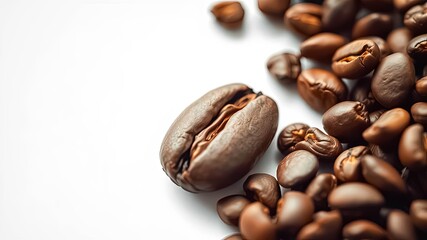 Naklejka premium Close-up of a single roasted coffee bean beside a pile of others on a white background