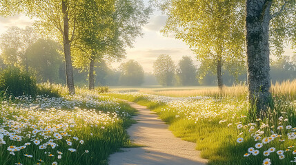 Naklejka premium Beautiful spring landscape with trees and flowers, a path in the middle of the field at sunrise, backlit