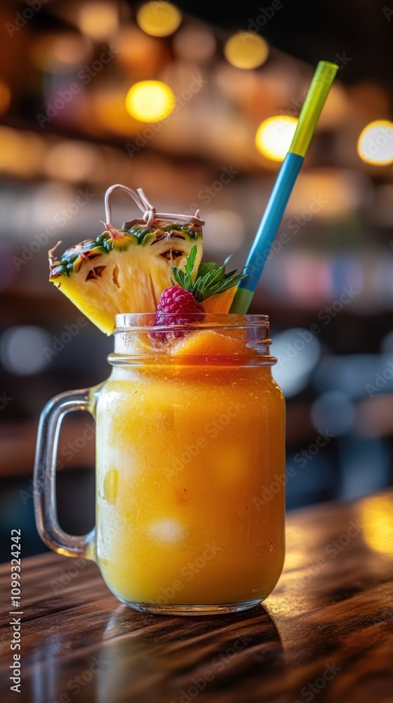 Poster refreshing mango smoothie in mason jar with pineapple and raspberry garnish.