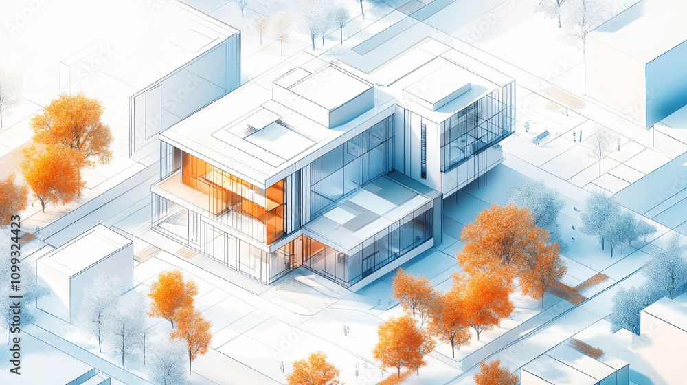 Poster an artistic illustration of a modern architectural design, featuring a spacious building surrounded 