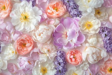 Top-down view of a vibrant mix of spring flowers--peonies, stock