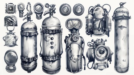 Vintage scuba diving equipment illustration.